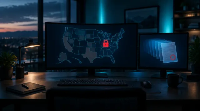 A dark, empty insurance agency workspace at dusk shot from behind a desk toward a wide curved monitor showing a faint glowing outline map of the United States with a red padlock icon over part of it, a second monitor beside it showing a stack of translucent document icons with a red circular seal on the top page, teal and blue ambient lighting, no people visible, no legible text
