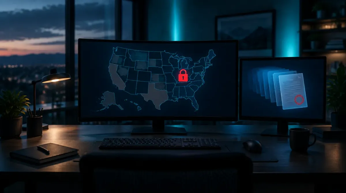 A dark, empty insurance agency workspace at dusk shot from behind a desk toward a wide curved monitor showing a faint glowing outline map of the United States with a red padlock icon over part of it, a second monitor beside it showing a stack of translucent document icons with a red circular seal on the top page, teal and blue ambient lighting, no people visible, no legible text