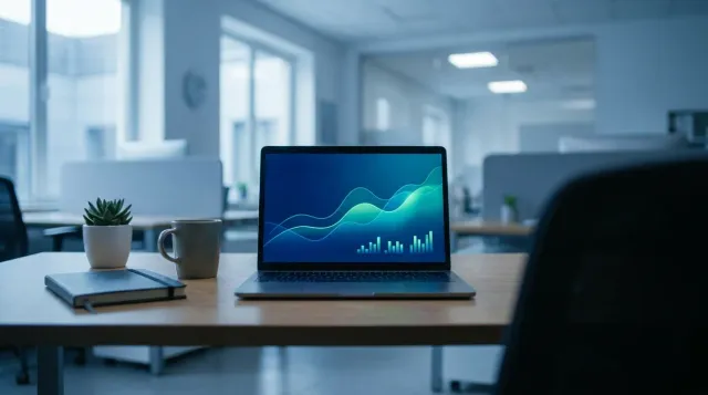 Editorial wide shot of an office desk workspace with a laptop displaying an abstract ascending line and bar chart in aurora green and blue gradient tones, notebook and coffee mug beside it, no people visible