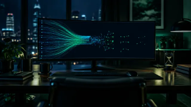 Dark cinematic insurance agency workspace at night, an empty desk facing a wide curved monitor glowing with abstract green and blue data lines that funnel inward and then scatter into disconnected points, no readable text, no people visible