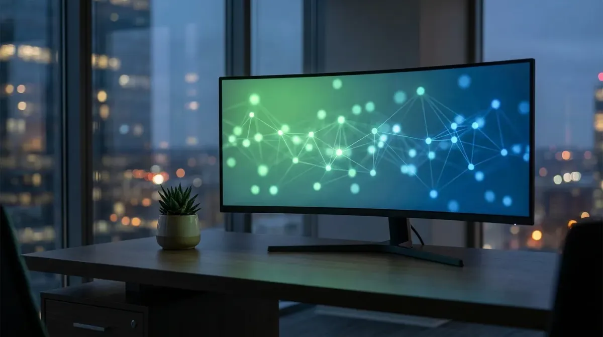 An empty modern insurance agency workspace at dusk with an ultrawide monitor displaying an abstract AI search interface with glowing citation markers, in green and blue tones