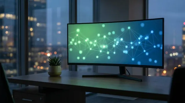 An empty modern insurance agency workspace at dusk with an ultrawide monitor displaying an abstract AI search interface with glowing citation markers, in green and blue tones