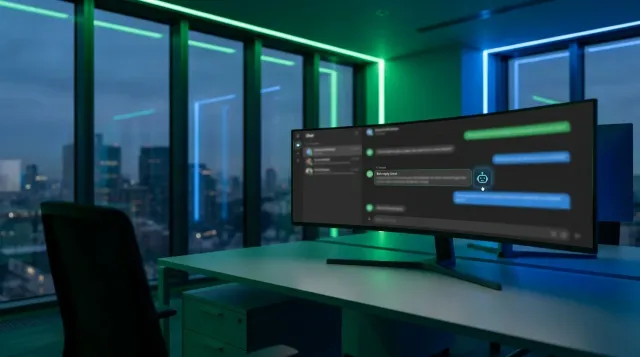 An empty modern insurance agency workspace at dusk, a wide monitor showing an abstract Slack-style channel interface with a bot mention thread in green and blue tones, no people visible