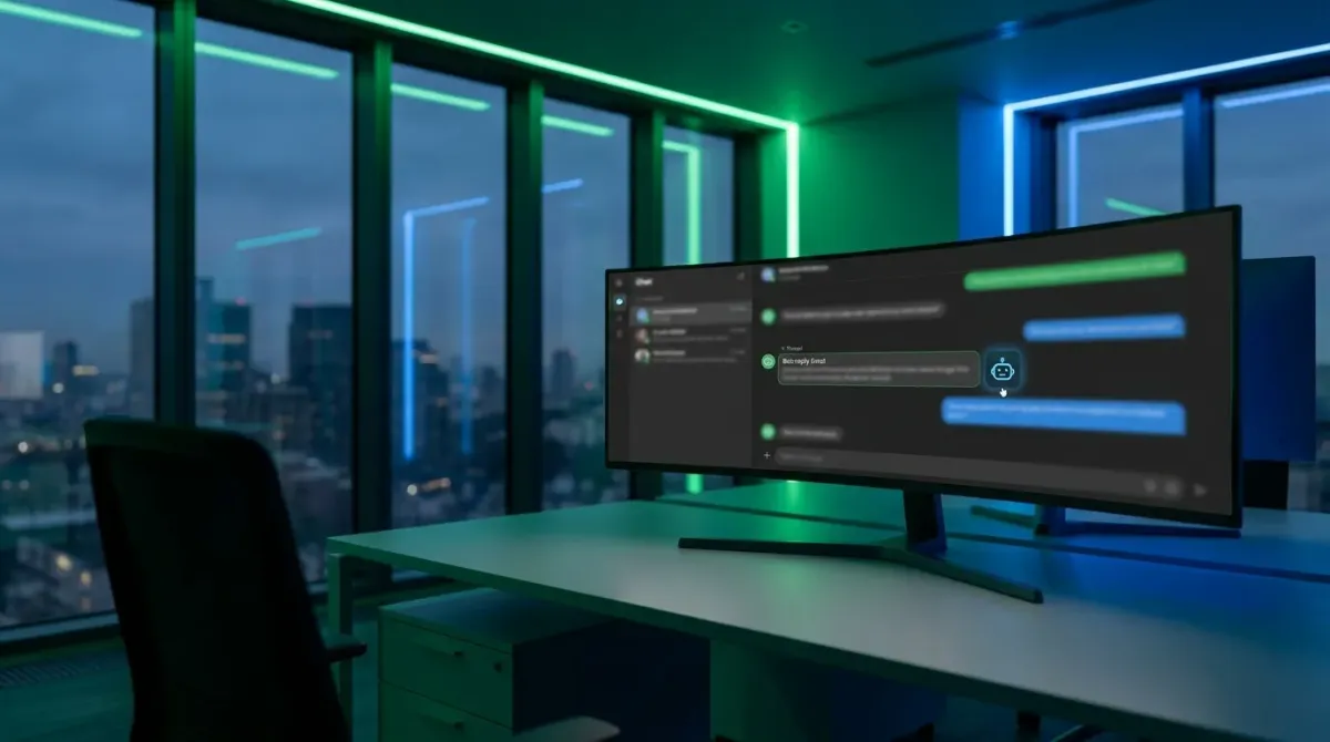 An empty modern insurance agency workspace at dusk, a wide monitor showing an abstract Slack-style channel interface with a bot mention thread in green and blue tones, no people visible