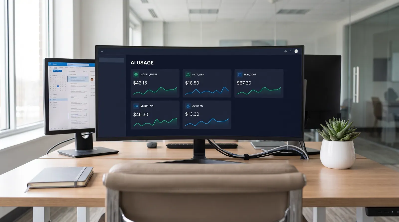 Wide shot of an empty modern insurance agency desk from behind, an ultrawide curved monitor displaying a dark dashboard titled AI Usage with five tool cost tiles labeled Model Train, Data Gen, NLP Core, Vision API, and Auto ML, each showing a dollar figure and a small green or blue trend line, no people visible