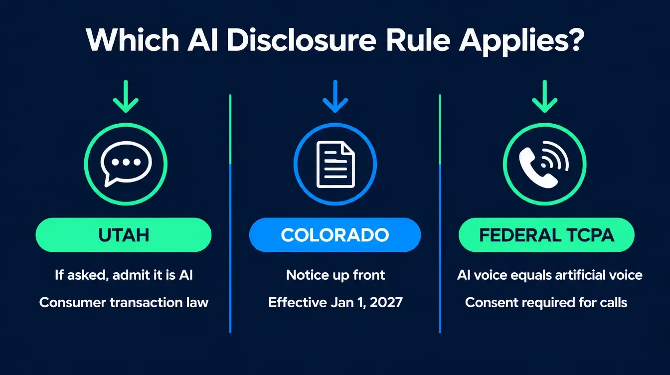 Infographic titled Which AI Disclosure Rule Applies, showing three columns: Utah with a chat bubble icon labeled if asked admit it is AI and consumer transaction law, Colorado with a document icon labeled notice up front and effective January 1 2027, and Federal TCPA with a phone icon labeled AI voice equals artificial voice and consent required for calls