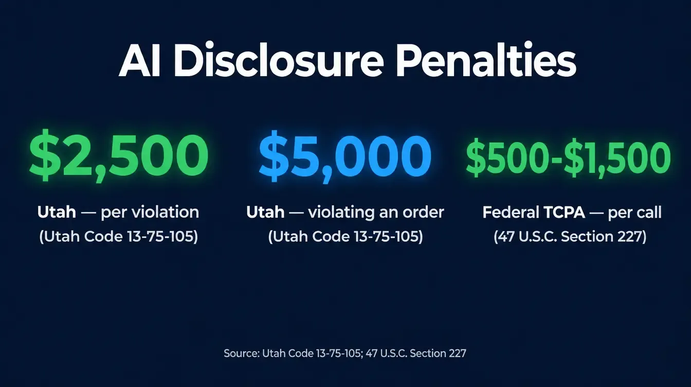 Stat card graphic showing three large sourced penalty figures in green and blue: 2,500 dollars Utah administrative fine per violation, 5,000 dollars Utah civil penalty for violating an order, and 500 to 1,500 dollars TCPA exposure per call, each labeled with its statutory source