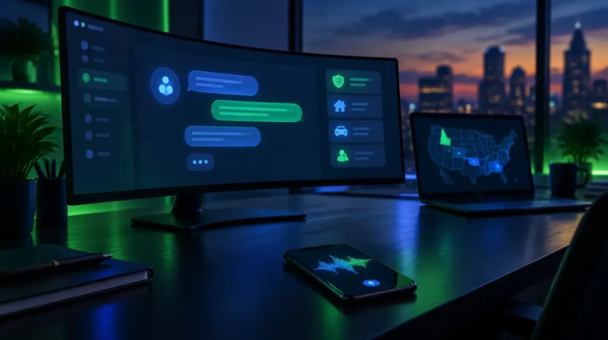 Dark cinematic insurance agency desk at dusk with a laptop showing an abstract chat-bubble interface with no readable text, a phone lying face-up showing a soft voice-waveform glow, an ultrawide monitor in the background with a blurred map-of-states graphic, no people visible, green and blue tones