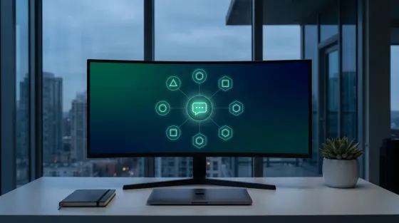An empty modern insurance agency workspace at dusk with an ultrawide monitor displaying an abstract dark chat interface with nine small labeled department-head icons arranged around a central hub, in green and blue tones, no people visible