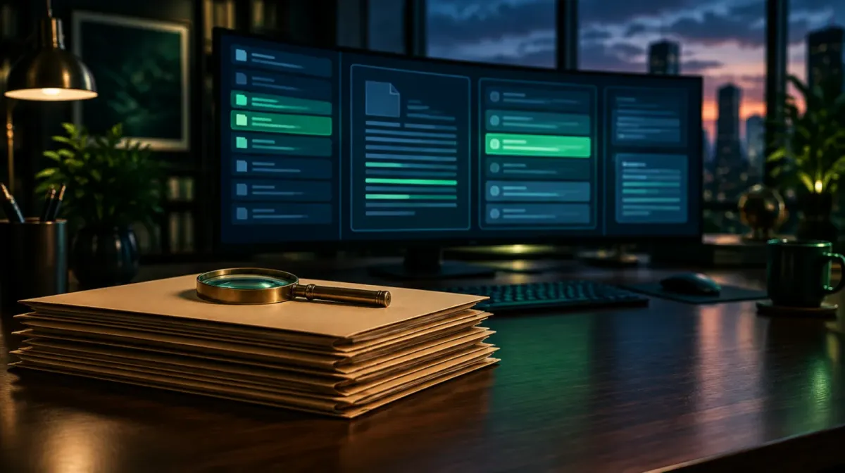 Dark cinematic insurance agency desk at dusk with a stack of closed policy folders and a magnifying glass, an ultrawide monitor behind showing an abstract document-review interface with highlighted fields, no readable text, no people visible, green and blue tones