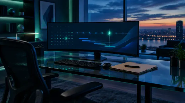 An empty modern insurance agency workspace at dusk, shot from behind an office chair toward a glass desk with an ultrawide curved monitor displaying a dark abstract timeline and progress-dot interface, soft green and blue ambient lighting, a closed folder and pen on the desk, no people, no readable text