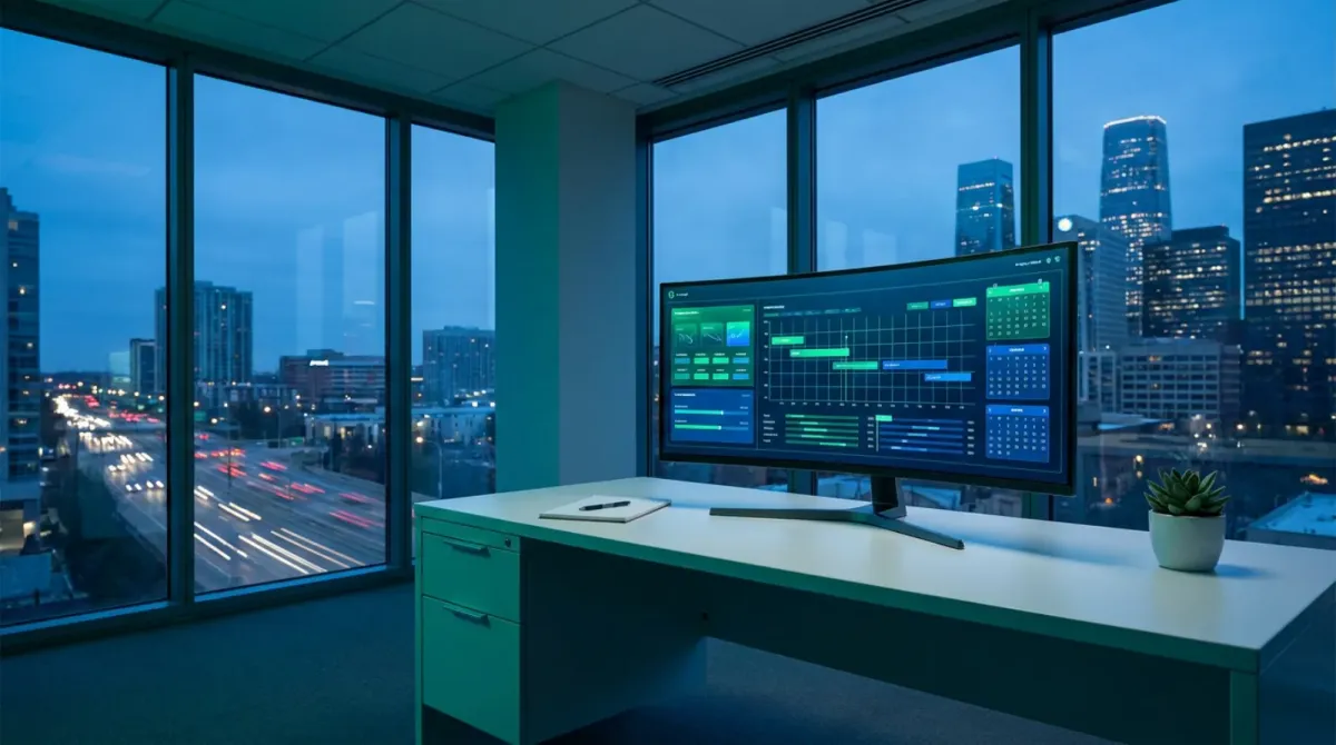 An empty modern insurance agency workspace at dusk with an ultrawide monitor displaying an abstract regulatory-calendar timeline interface in green and blue tones