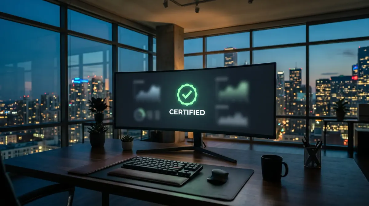 An empty modern insurance agency workspace at dusk with an ultrawide monitor showing an abstract dark dashboard interface with a green checkmark certification badge and a paused campaign status indicator, in green and blue tones, no people visible