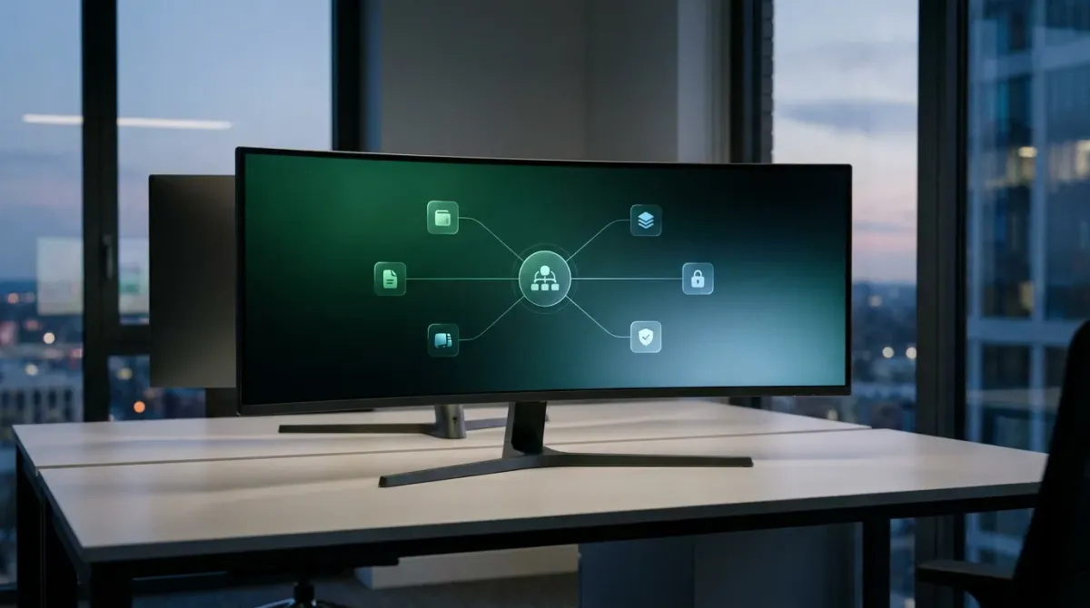 An empty modern insurance agency workspace at dusk with an ultrawide monitor showing an abstract dark interface where a central hub icon connects by thin glowing lines to five outlying app icons, in green and blue tones, no people visible