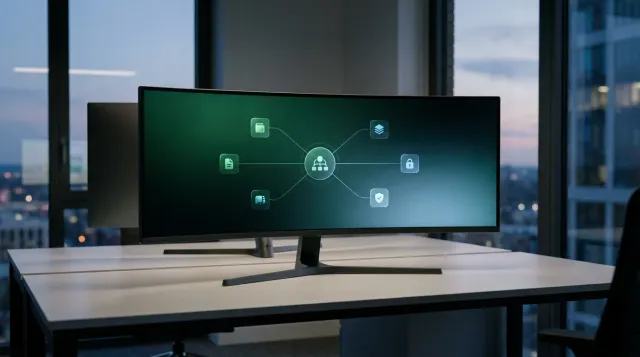 An empty modern insurance agency workspace at dusk with an ultrawide monitor showing an abstract dark interface where a central hub icon connects by thin glowing lines to five outlying app icons, in green and blue tones, no people visible