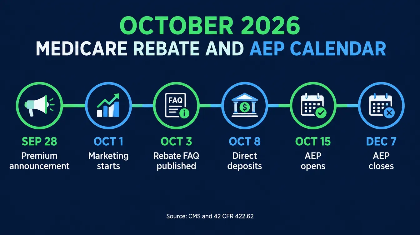 Timeline infographic titled October 2026 Medicare Rebate and AEP Calendar showing six connected dates: September 28 premium announcement, October 1 marketing start, October 3 rebate FAQ published, October 8 direct deposits, October 15 AEP opens and SSA payment line opens, December 7 AEP closes, with a source line reading CMS and 42 CFR 422.62