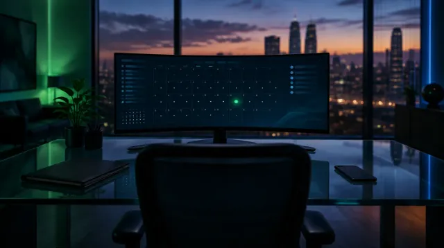 An empty modern insurance agency workspace at dusk, shot from behind an office chair toward a glass desk with an ultrawide curved monitor displaying a dark abstract calendar grid with one glowing date marker, soft green and blue ambient lighting, a closed folder and phone face-down on the desk, no people, no readable text