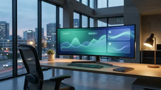 A wide, empty modern insurance agency workspace at dusk with an ultrawide monitor displaying a Medicare Star Ratings comparison dashboard in green and blue tones