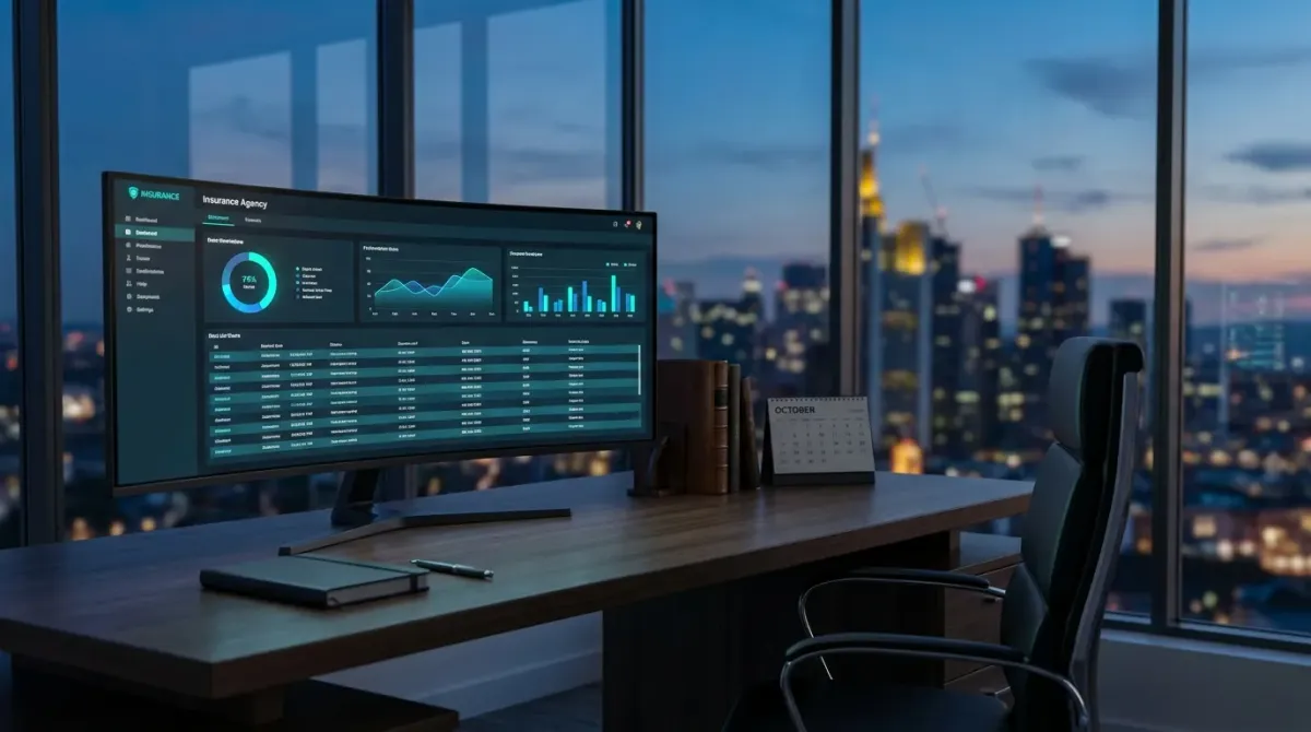 An empty modern insurance agency workspace at dusk with an ultrawide monitor displaying a client-book dashboard in green and blue tones