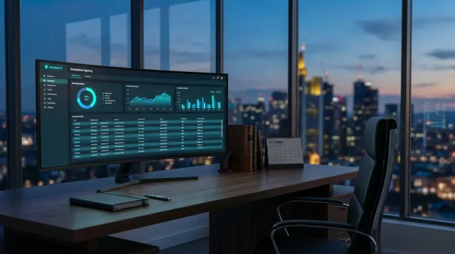 An empty modern insurance agency workspace at dusk with an ultrawide monitor displaying a client-book dashboard in green and blue tones