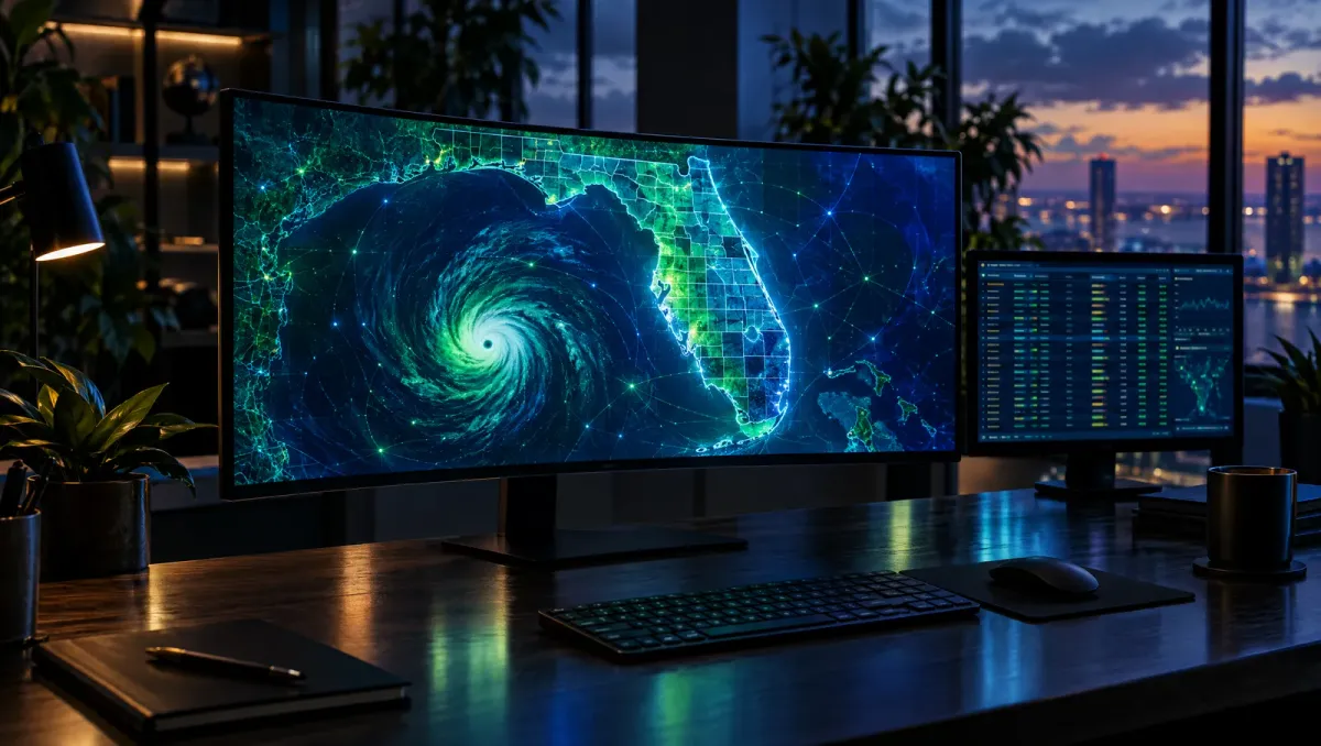 A dark cinematic insurance agency workspace at dusk with an ultrawide monitor displaying a Florida county map and a storm-tracking overlay in green and blue tones, no people visible