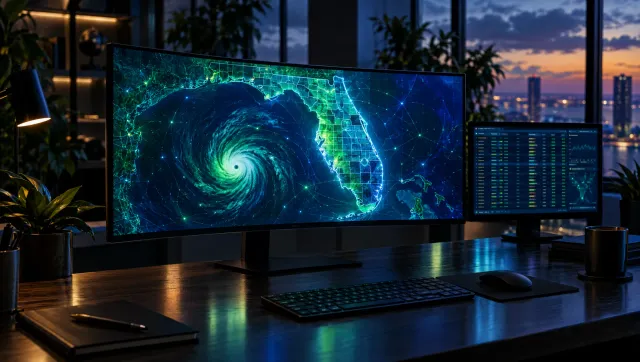 A dark cinematic insurance agency workspace at dusk with an ultrawide monitor displaying a Florida county map and a storm-tracking overlay in green and blue tones, no people visible