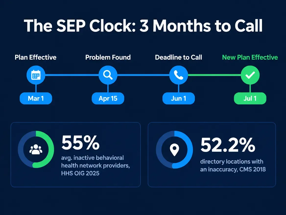 Stat and timeline card titled The SEP Clock: 3 Months to Call, showing a dated timeline on a dark navy background in green and blue with four points — plan effective March 1, problem found April 15, deadline to call June 1, and new plan effective July 1 — alongside two labeled stat tiles reading 55 percent average inactive behavioral health network providers from HHS OIG 2025 and 52.2 percent of directory locations with an inaccuracy from CMS 2018
