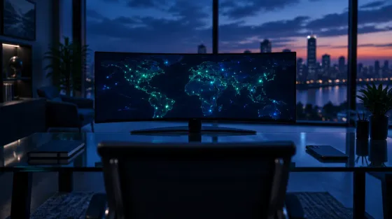 An empty modern insurance agency workspace shot from behind a glass desk at dusk, with an ultrawide curved monitor displaying an abstract world map network graphic in glowing green and blue tones, a closed notebook and a phone resting face-down on the desk, a large window showing a blurred dusk skyline, no people visible, no readable text