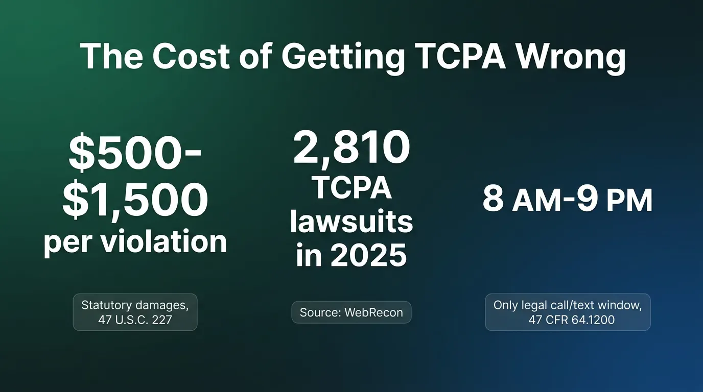 Stat card graphic titled The Cost of Getting TCPA Wrong showing three sourced figures on a dark green and blue background: five hundred dollars per violation statutory damages rising to one thousand five hundred dollars for a willful violation under 47 USC 227, two thousand eight hundred ten TCPA lawsuits filed in federal court in 2025 per WebRecon, and eight a.m. to nine p.m. as the only legal calling and texting window under 47 CFR 64.1200