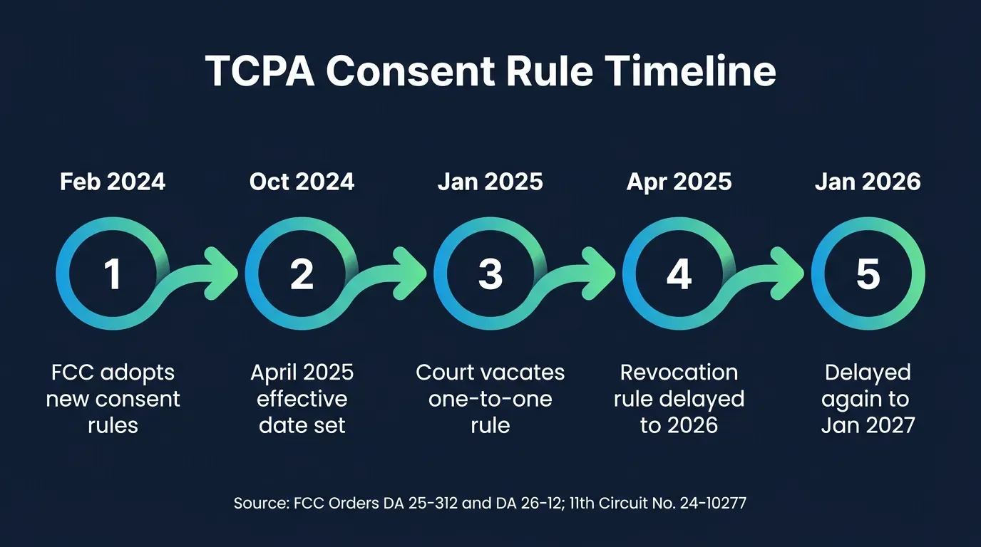 Timeline infographic titled TCPA Consent Rule Timeline showing five dated milestones: February 2024 FCC adopts one to one consent and revoke all rules, October 2024 Federal Register sets April 2025 effective date, January 24 2025 Eleventh Circuit vacates one to one consent rule in Insurance Marketing Coalition v FCC, April 2025 FCC delays revoke all rule to April 2026, January 6 2026 FCC delays revoke all rule again to January 31 2027, sourced to FCC orders DA 25-312 and DA 26-12 and the Eleventh Circuit opinion