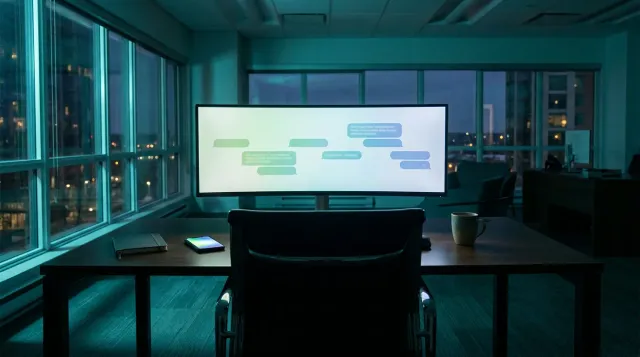 An empty modern insurance agency workspace at dusk with a wide monitor showing an abstract text-message timeline interface in green and blue tones, no people visible