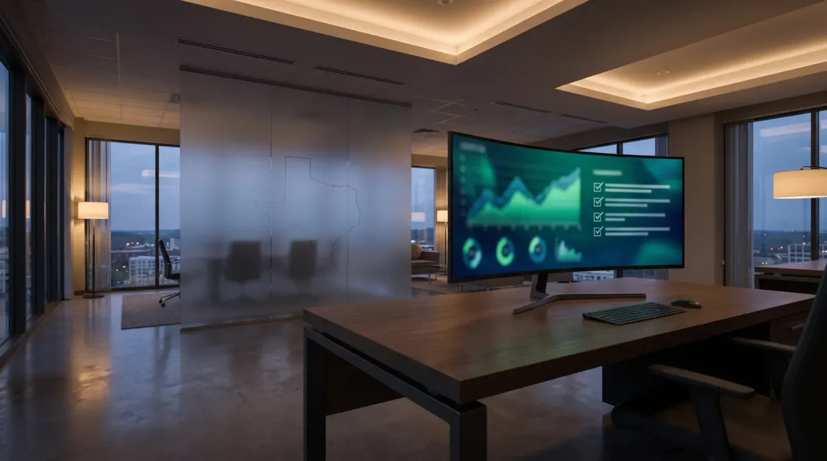 An empty modern Texas insurance agency office at dusk with a wide monitor showing an abstract document and checklist interface in green and blue tones, no people visible