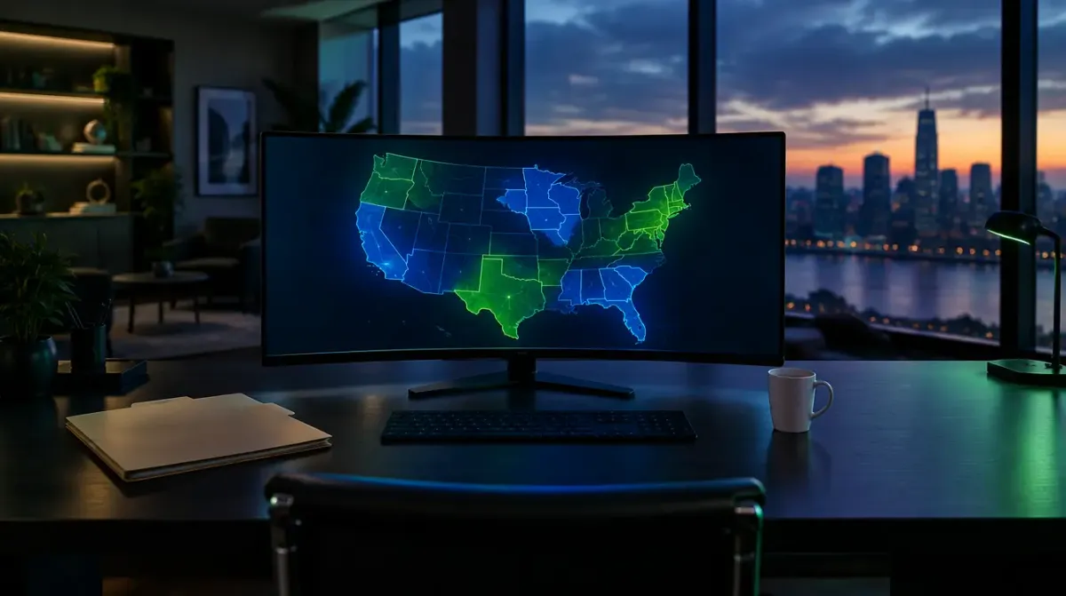An empty modern insurance agency workspace shot from behind, a wide desk with an ultrawide monitor showing a dark map of the United States with six states highlighted in green and blue, a closed case file and a coffee cup beside the keyboard, Aurora green and blue tones, no people visible, no text